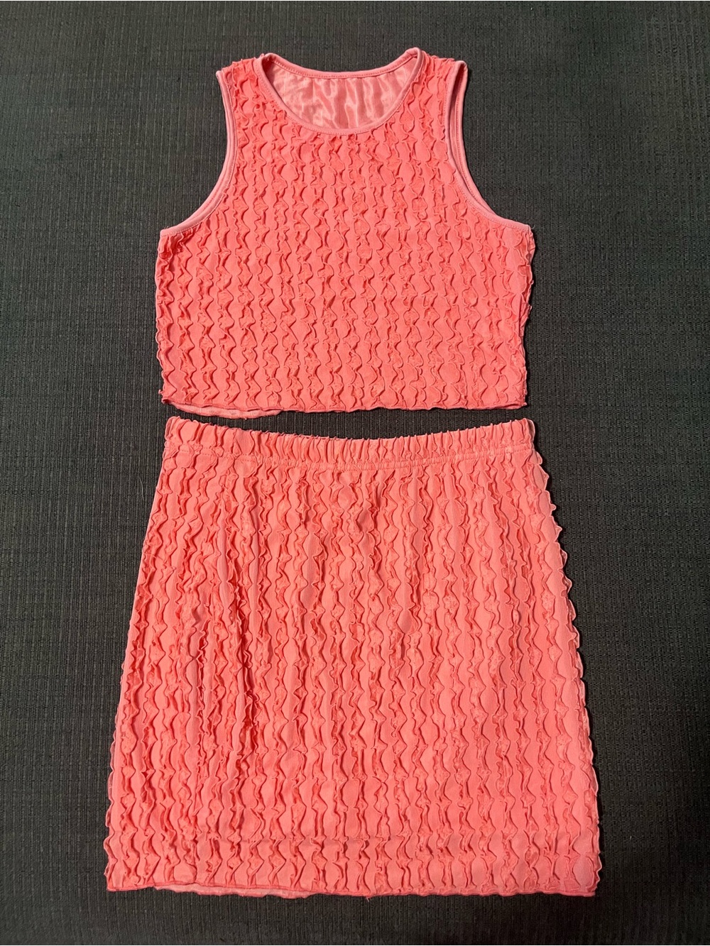 Coral Ruffle Mini Skirt Set - Sleeveless Crop Top & Skirt